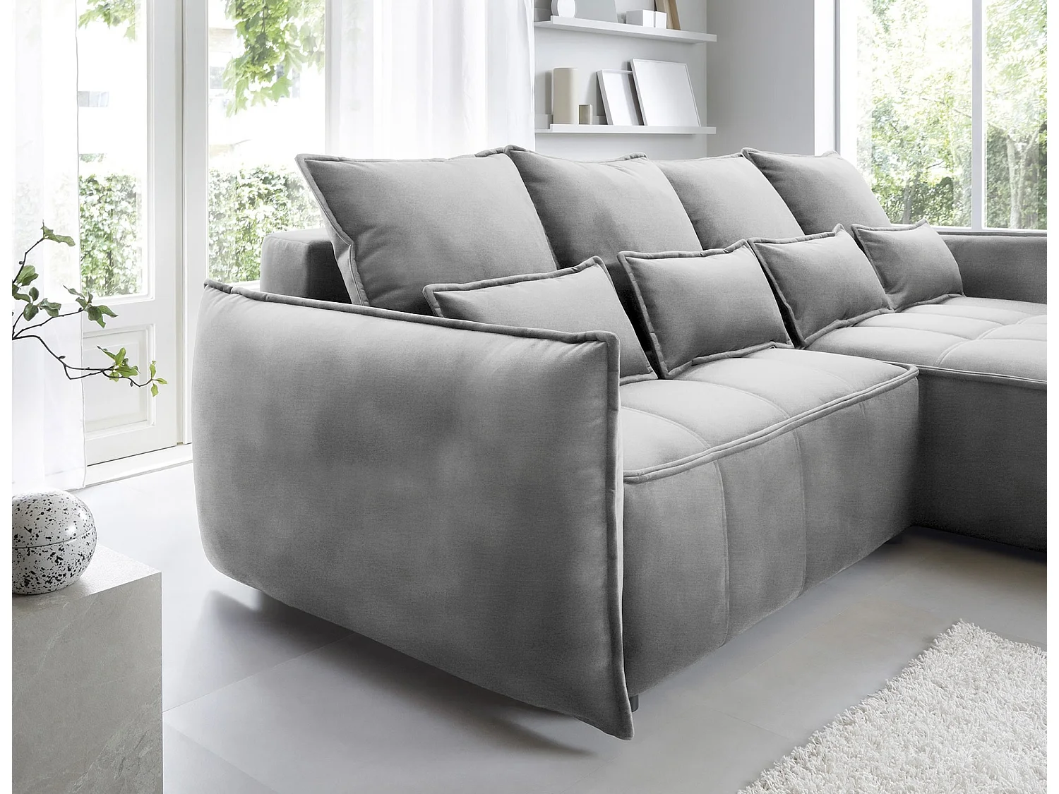 Canapé d’angle tissu effet cuir Kampus – Convertible et rangement-Couleur Gris-angle droit