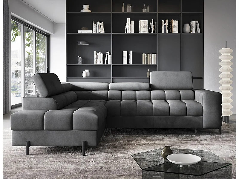 Canapé d’angle velours capitonné Luccino – Convertible et coffre-Couleur Gris foncé-angle gauche