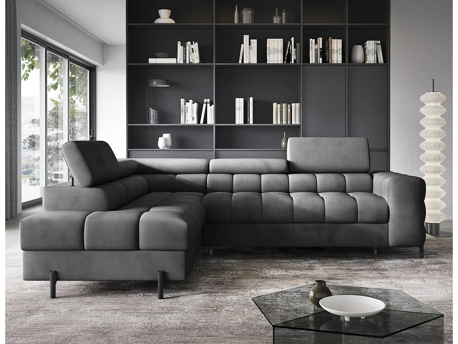 Canapé d’angle velours capitonné Luccino – Convertible et coffre-Couleur Gris foncé-angle gauche