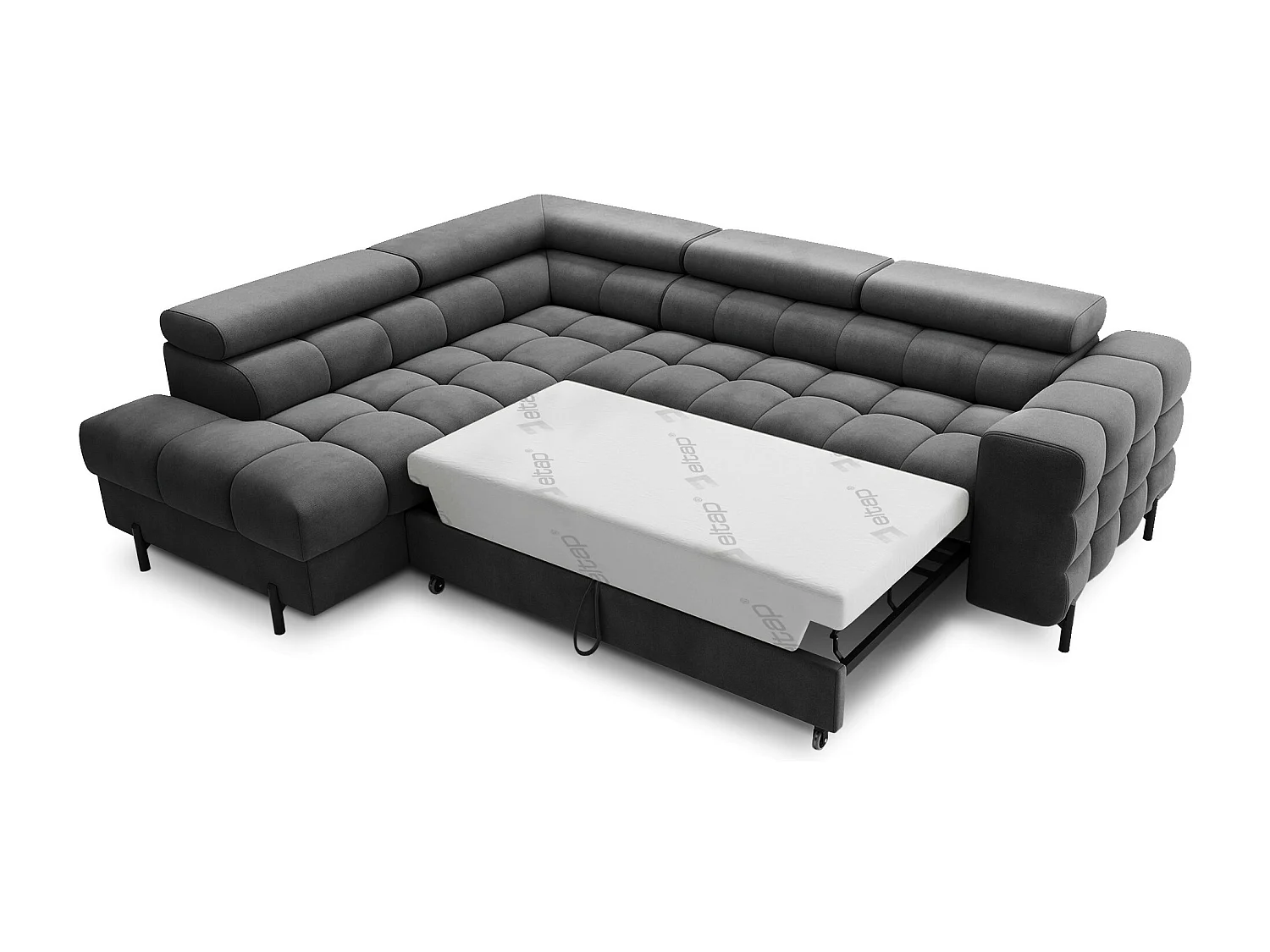 Canapé d’angle velours capitonné Luccino – Convertible et coffre-Couleur Gris foncé-angle gauche