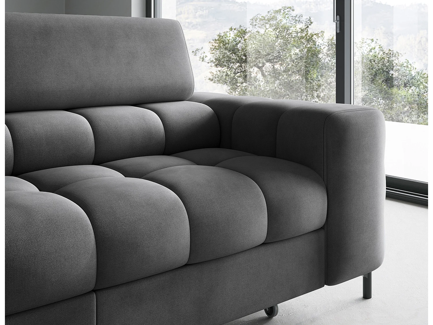 Canapé d’angle velours capitonné Luccino – Convertible et coffre-Couleur Gris foncé-angle gauche