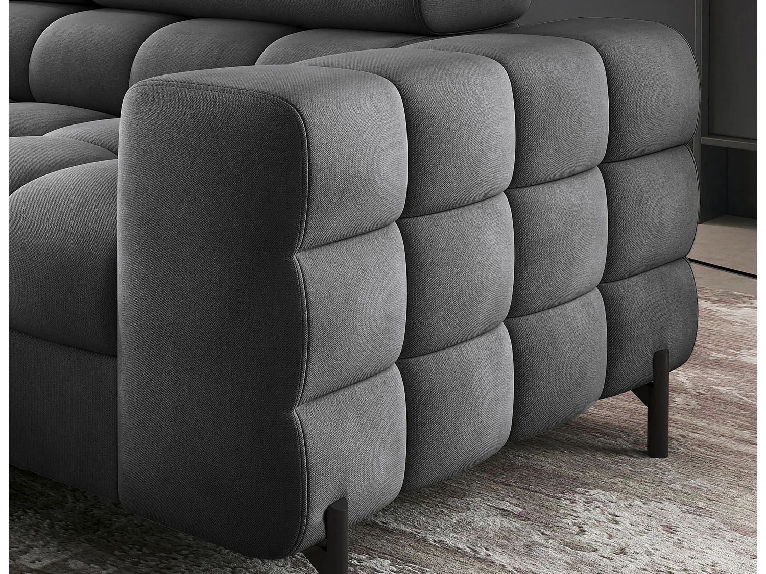 Canapé d’angle velours capitonné Luccino – Convertible et coffre-Couleur Gris foncé-angle gauche