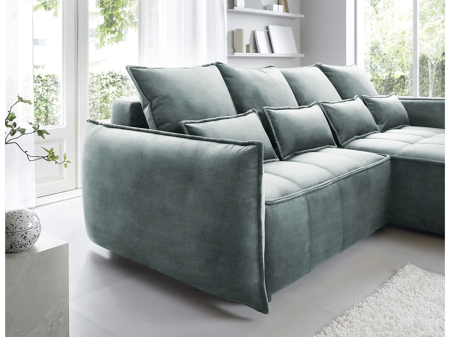 Kampus hoekbank in stof met leereffect – Converteerbaar en opbergruimte-Kleur Dennengroen-juiste hoek