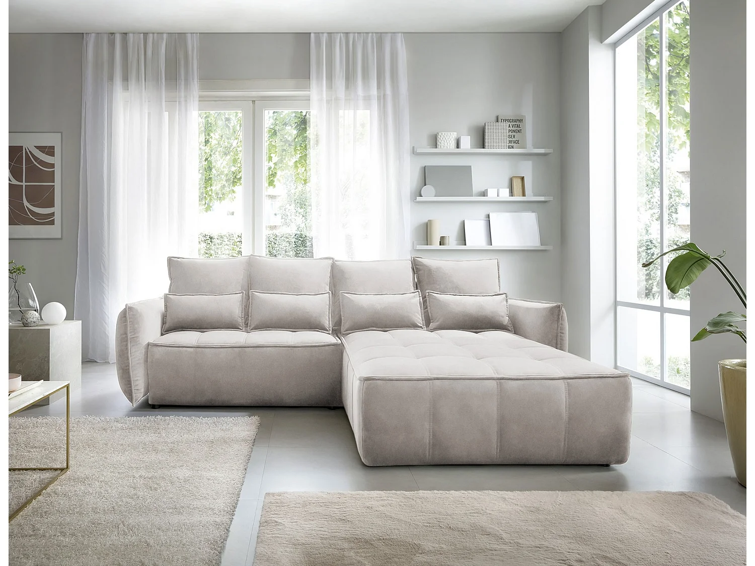 Canapé d’angle tissu effet cuir Kampus – Convertible et rangement-Couleur Beige clair-angle droit