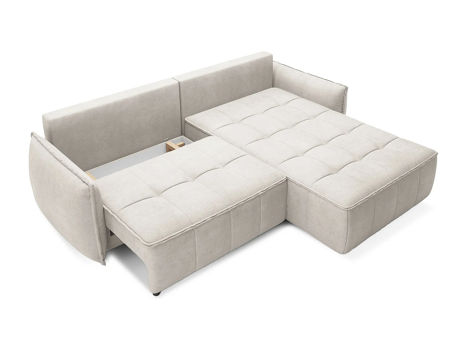 Canapé d’angle tissu effet cuir Kampus – Convertible et rangement-Couleur Beige clair-angle droit