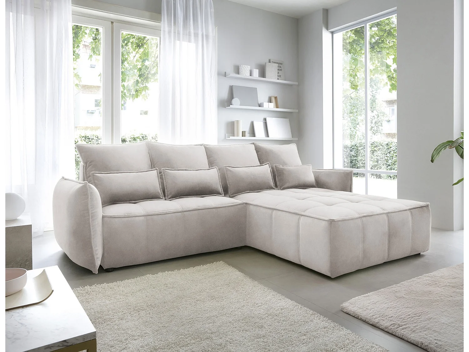 Canapé d’angle tissu effet cuir Kampus – Convertible et rangement-Couleur Beige clair-angle droit