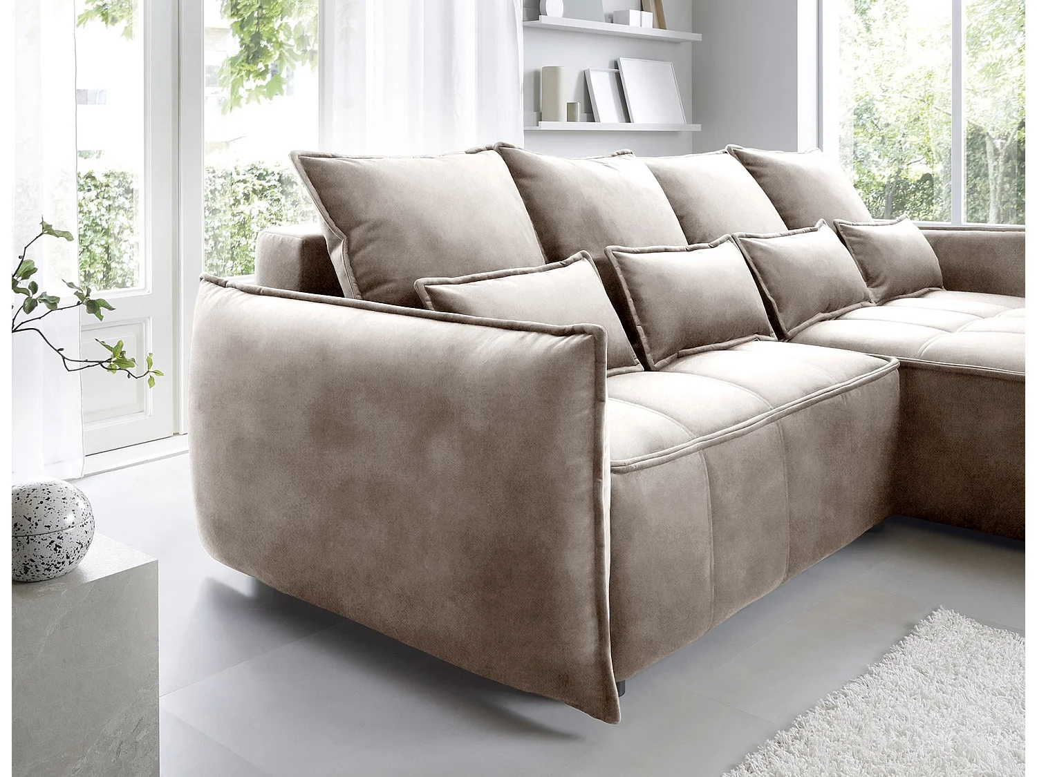 Canapé d’angle tissu effet cuir Kampus – Convertible et rangement-Couleur Beige clair-angle droit