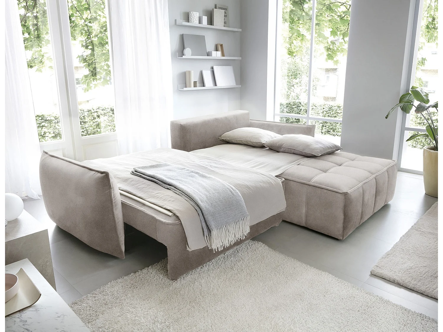 Canapé d’angle tissu effet cuir Kampus – Convertible et rangement-Couleur Beige clair-angle droit