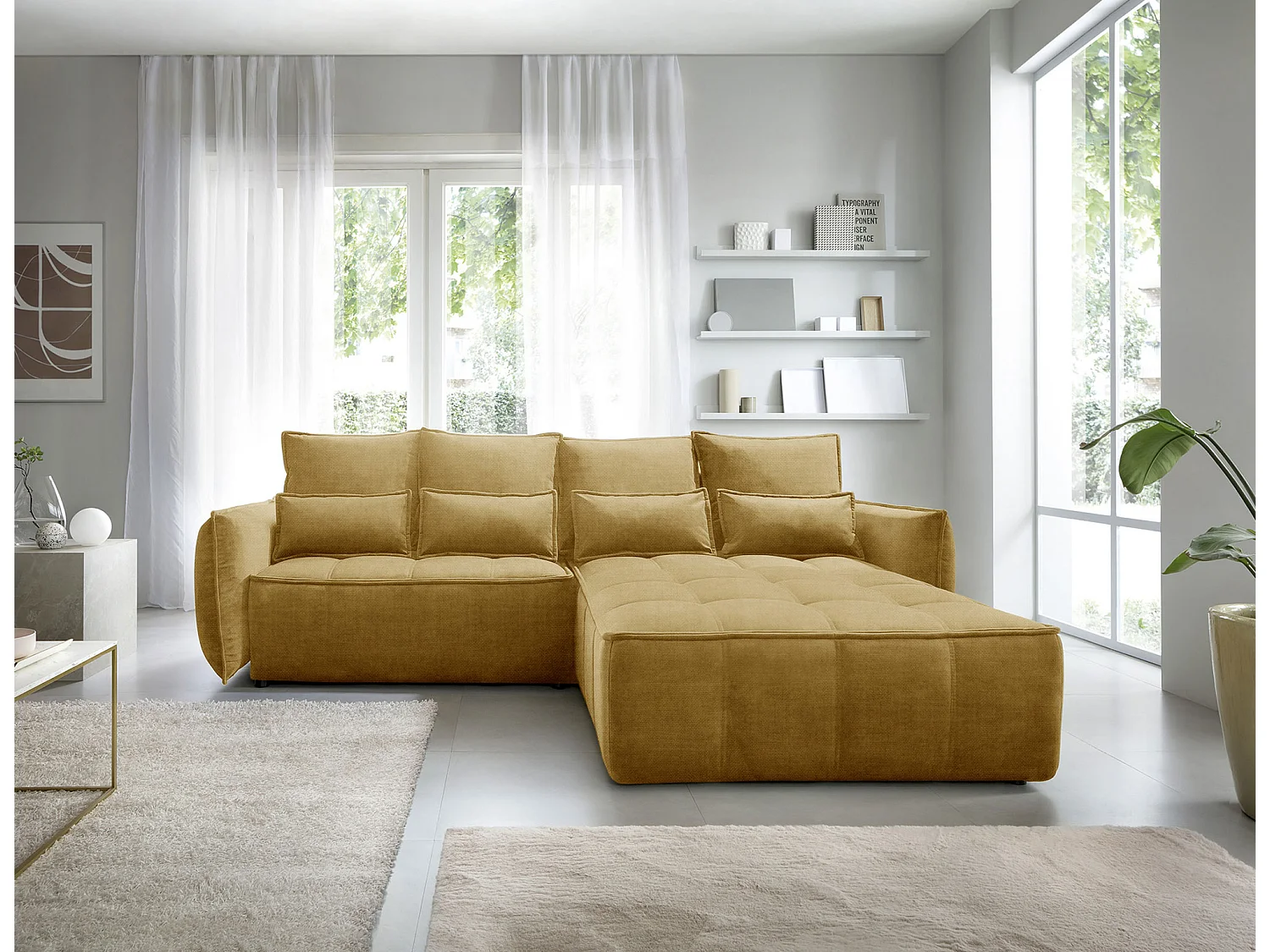 Kampus hoekbank in stof met leereffect – Converteerbaar en opbergruimte-Kleur Buff geel-juiste hoek