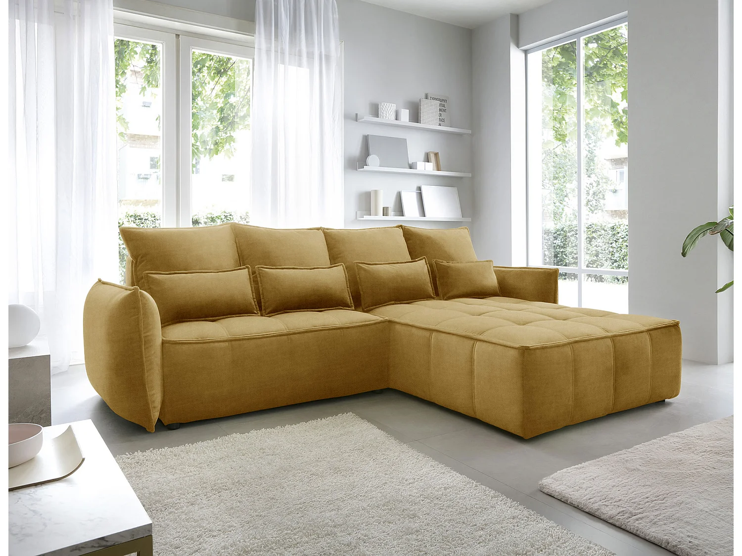 Kampus hoekbank in stof met leereffect – Converteerbaar en opbergruimte-Kleur Buff geel-juiste hoek