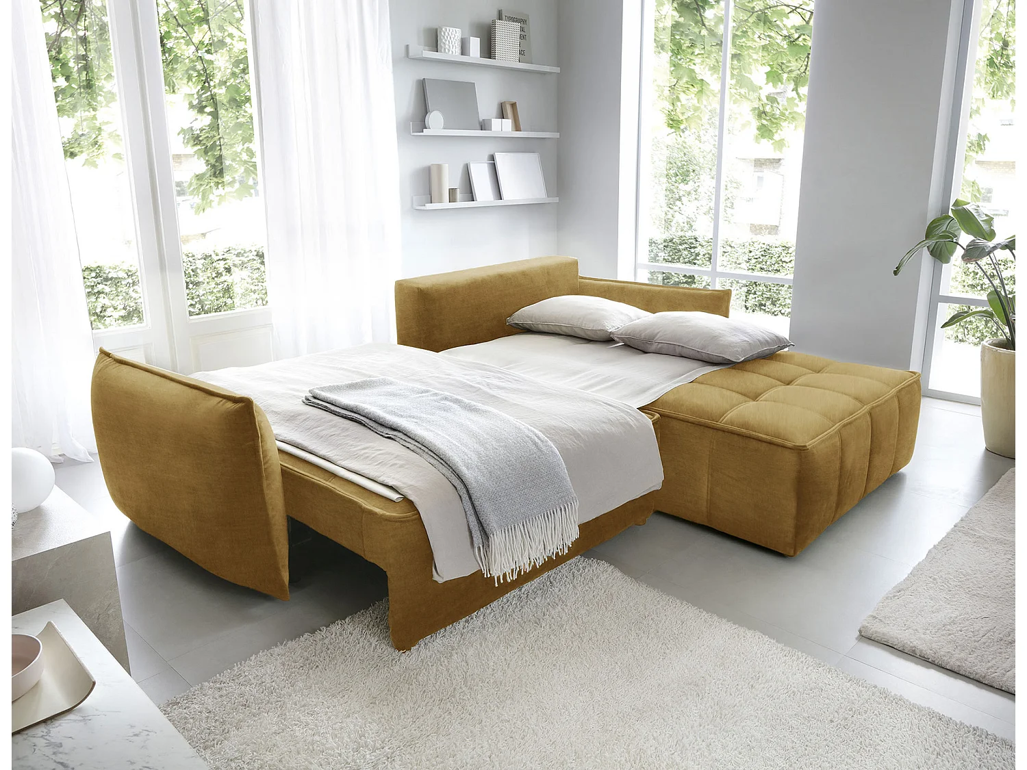 Kampus hoekbank in stof met leereffect – Converteerbaar en opbergruimte-Kleur Buff geel-juiste hoek