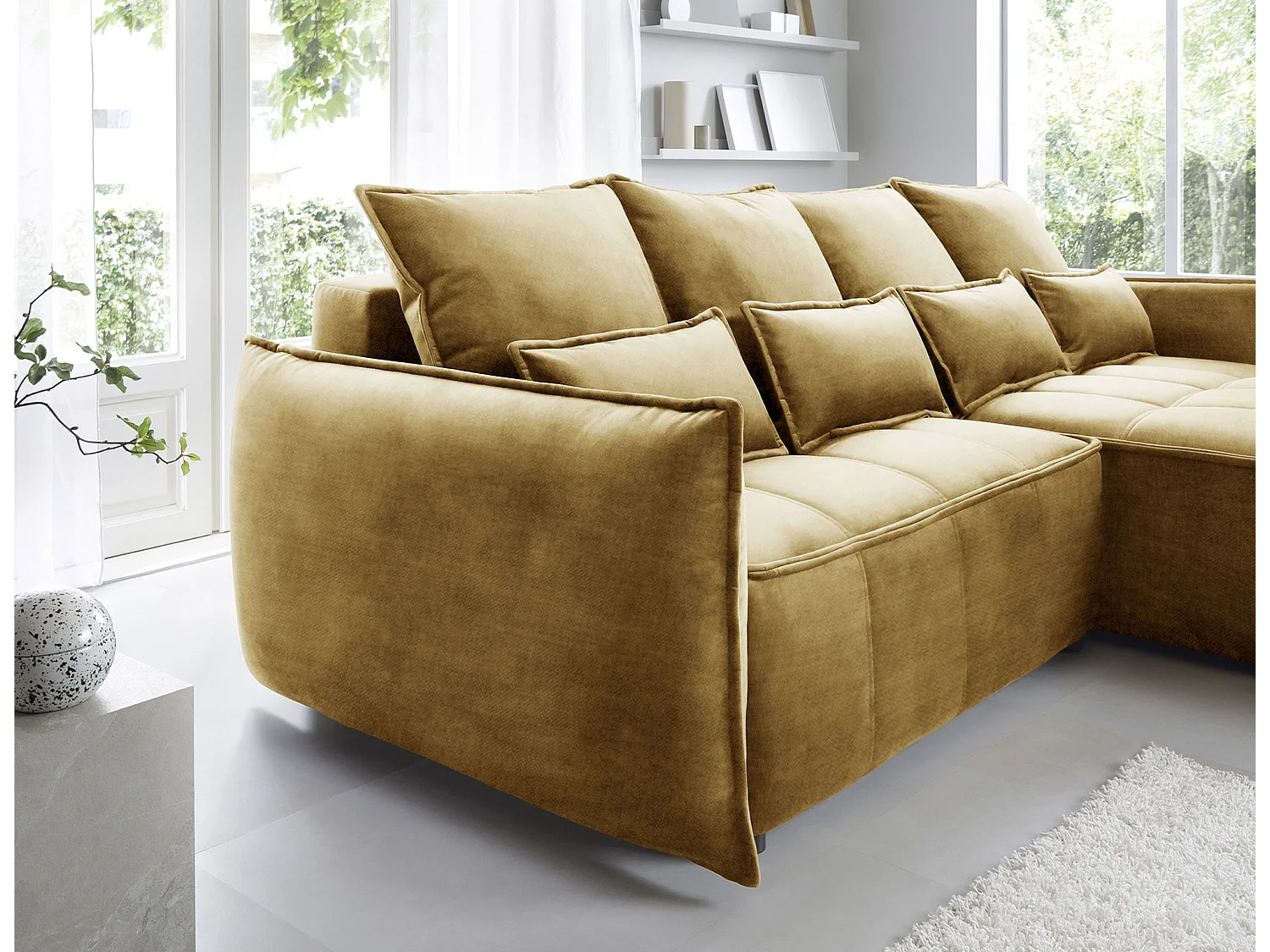 Kampus hoekbank in stof met leereffect – Converteerbaar en opbergruimte-Kleur Buff geel-juiste hoek