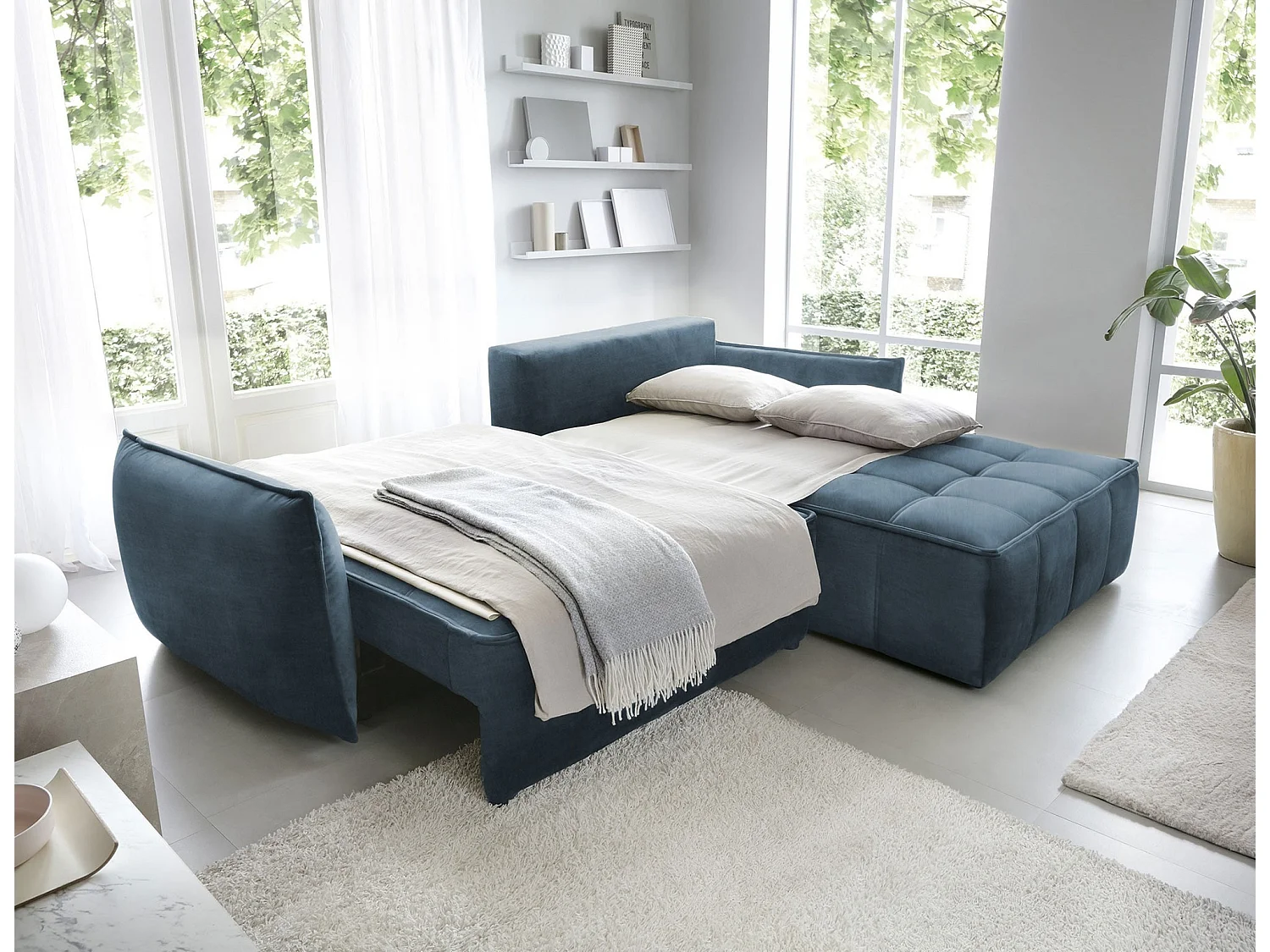 Canapé d’angle tissu effet cuir Kampus – Convertible et rangement-Couleur Bleu canard-angle droit