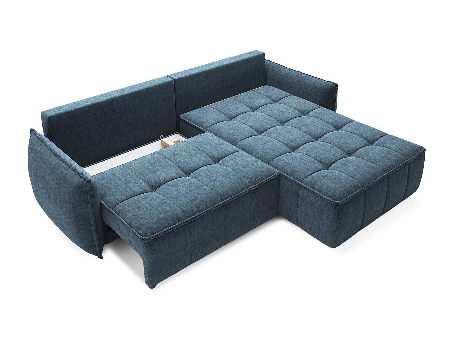 Canapé d’angle tissu effet cuir Kampus – Convertible et rangement-Couleur Bleu canard-angle droit