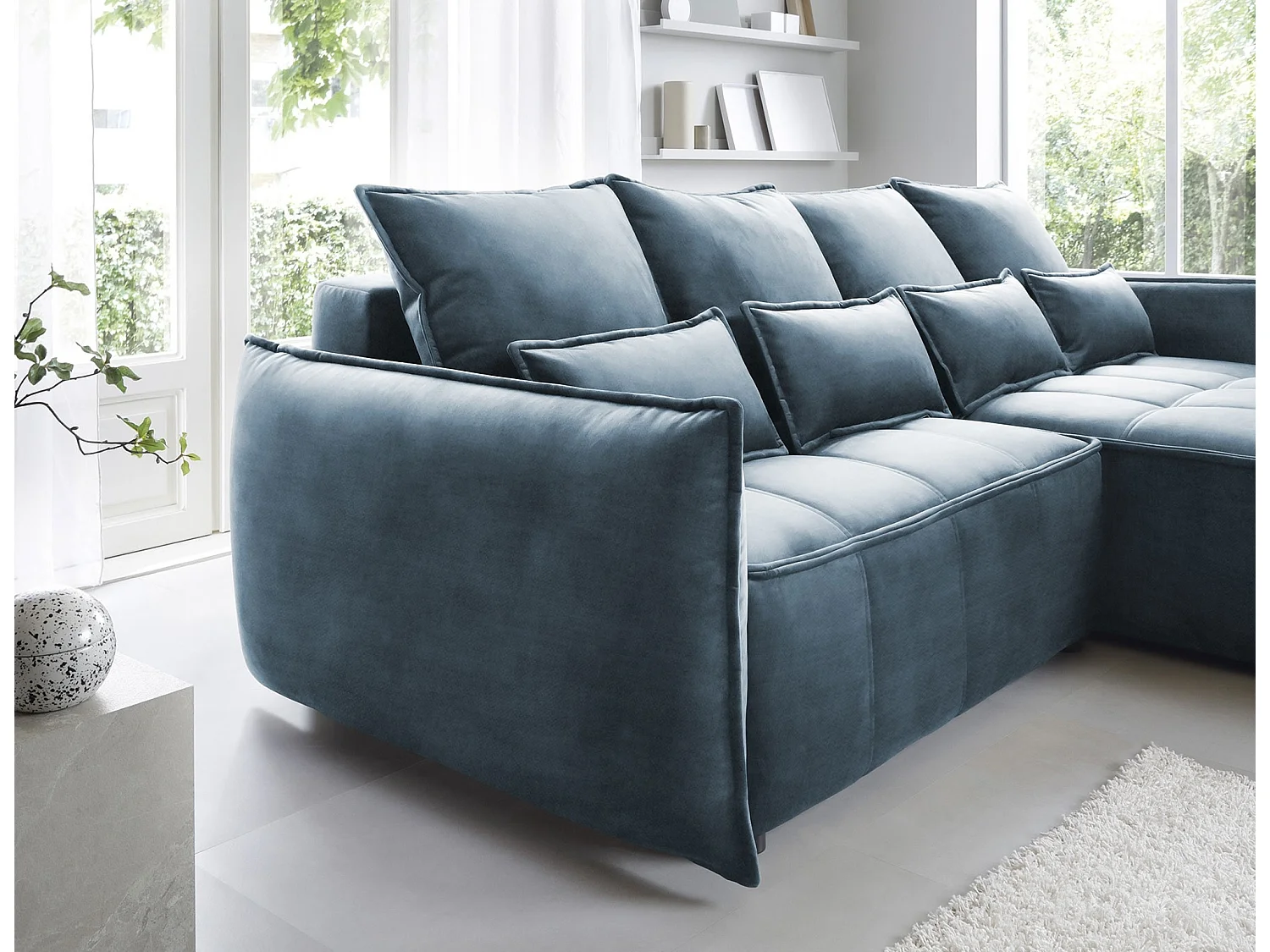 Canapé d’angle tissu effet cuir Kampus – Convertible et rangement-Couleur Bleu canard-angle droit