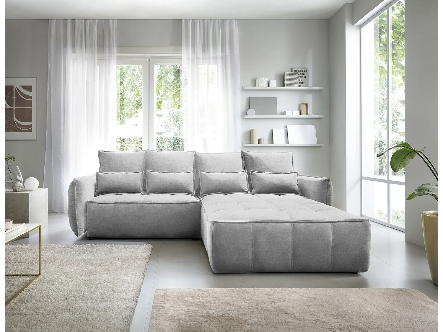 Canapé d’angle tissu effet cuir Kampus – Convertible et rangement-Couleur Gris clair-angle droit