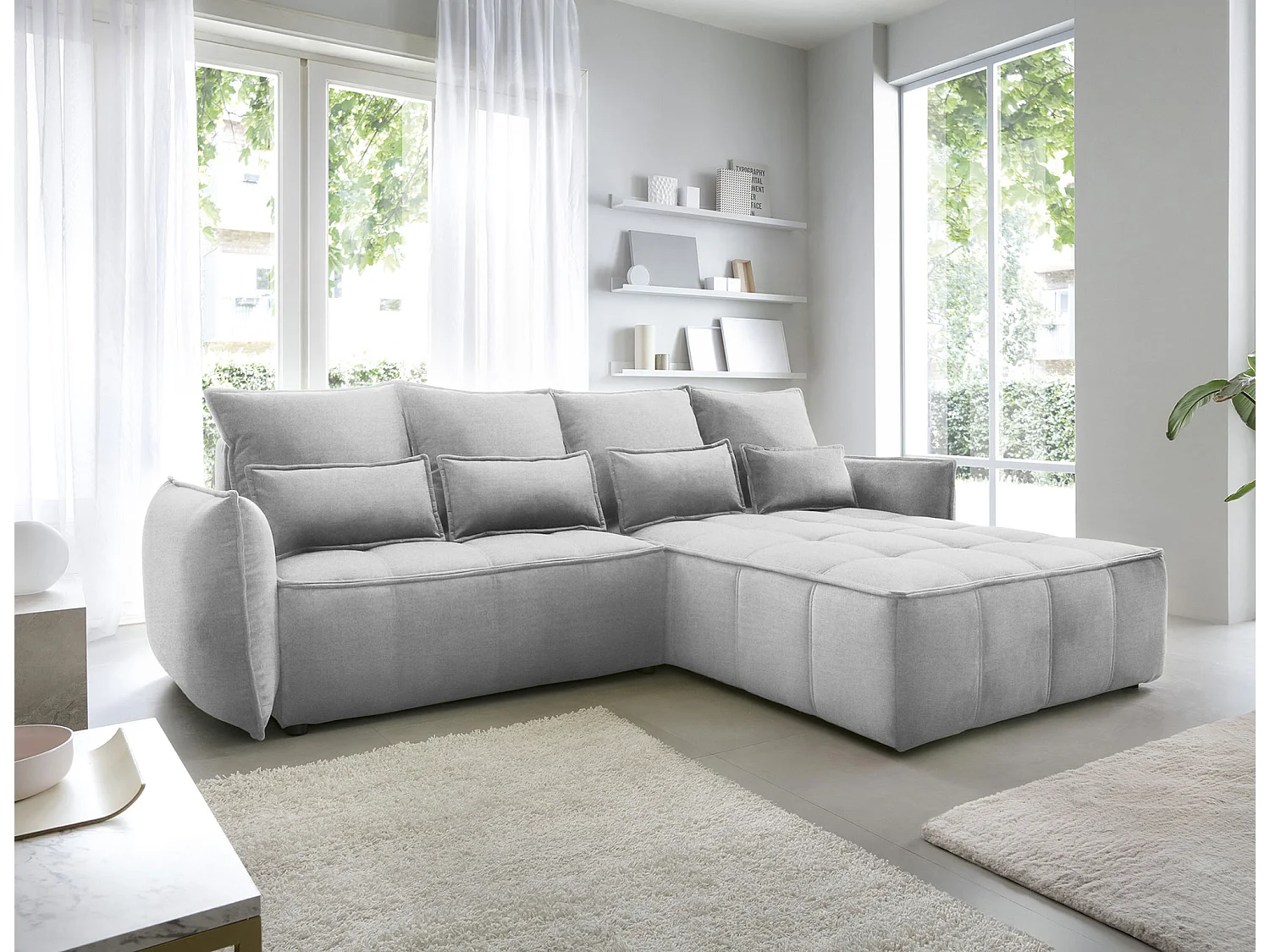 Canapé d’angle tissu effet cuir Kampus – Convertible et rangement-Couleur Gris clair-angle droit