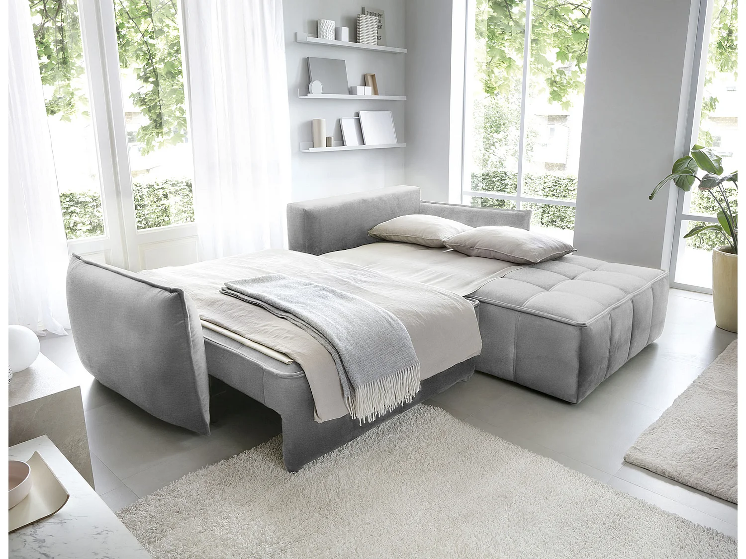 Canapé d’angle tissu effet cuir Kampus – Convertible et rangement-Couleur Gris clair-angle droit