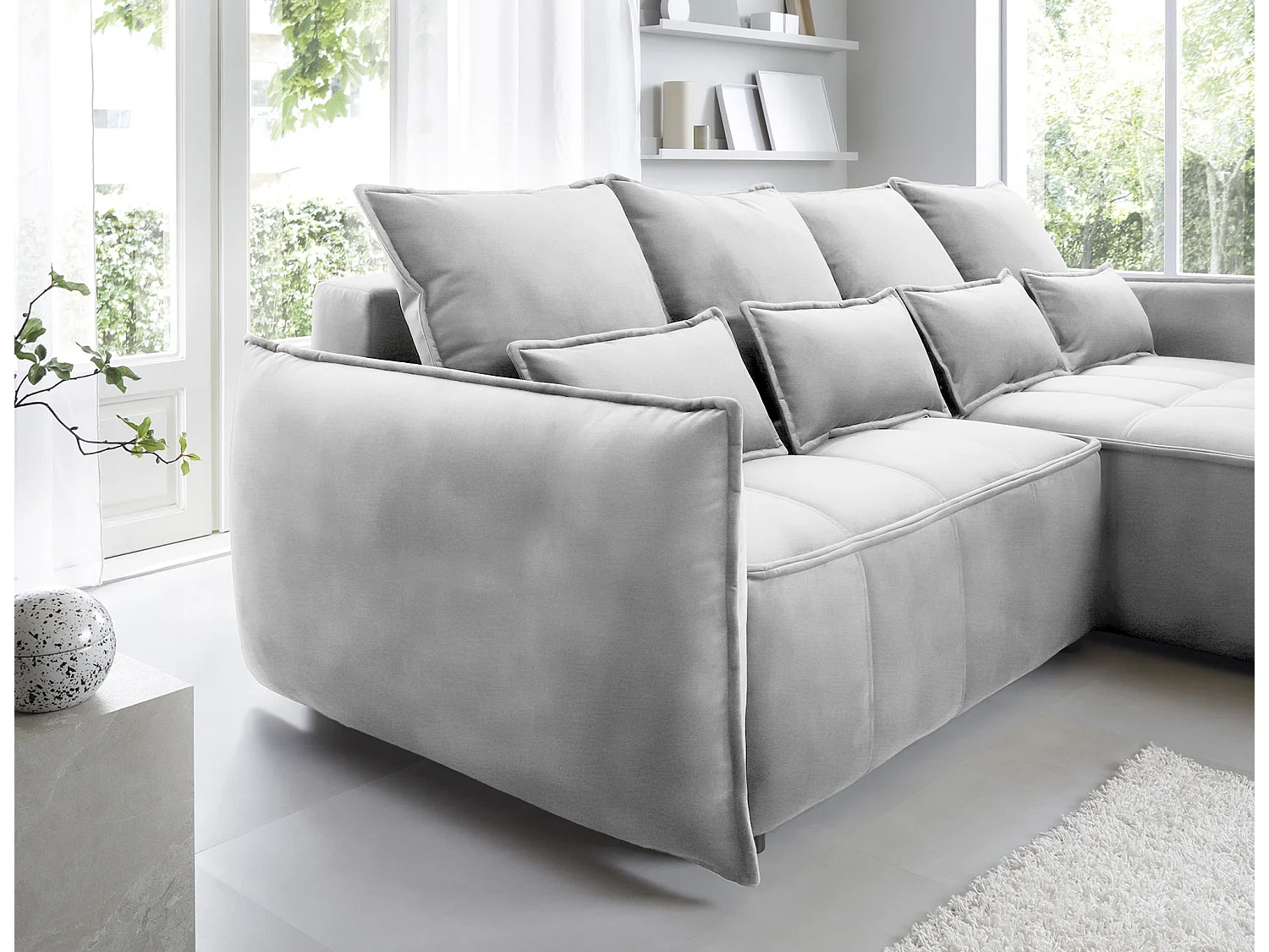 Canapé d’angle tissu effet cuir Kampus – Convertible et rangement-Couleur Gris clair-angle droit