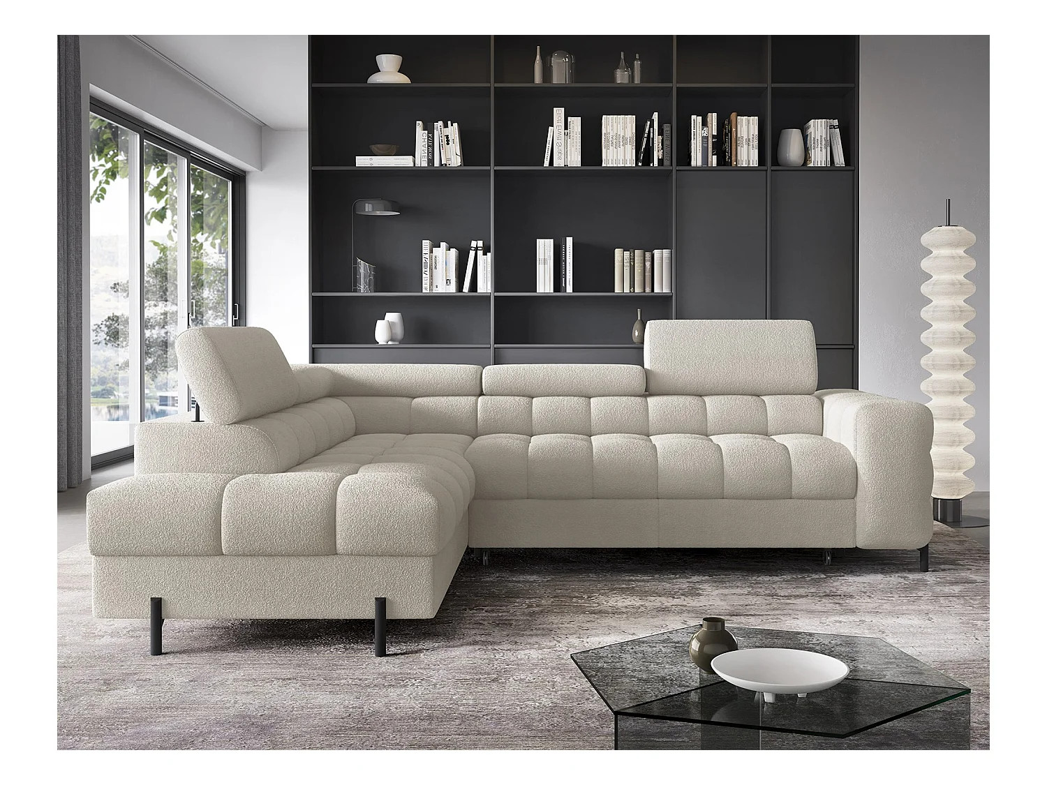 Canapé d’angle velours capitonné Luccino – Convertible et coffre-Couleur Beige clair-angle gauche