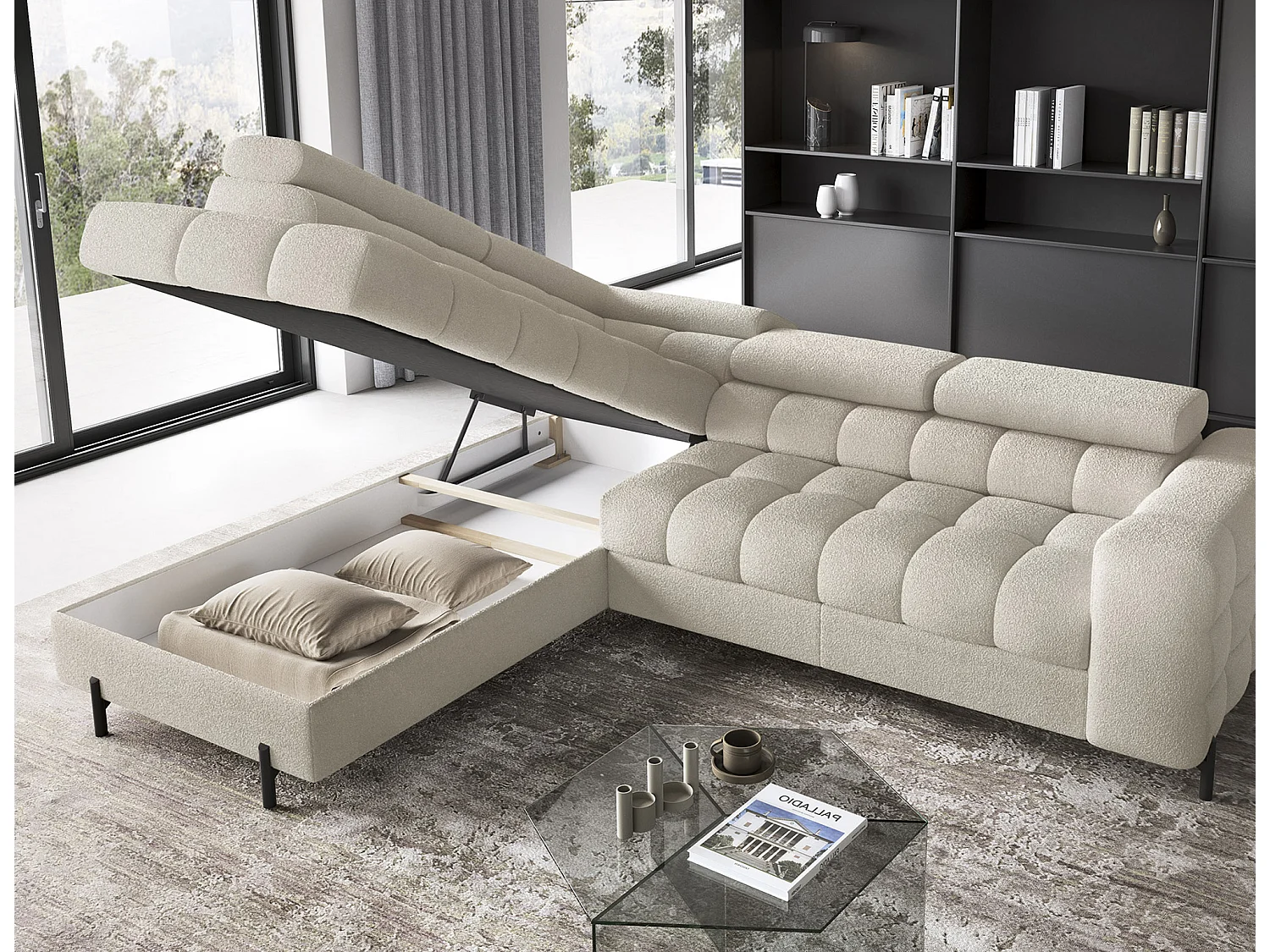 Canapé d’angle velours capitonné Luccino – Convertible et coffre-Couleur Beige clair-angle gauche