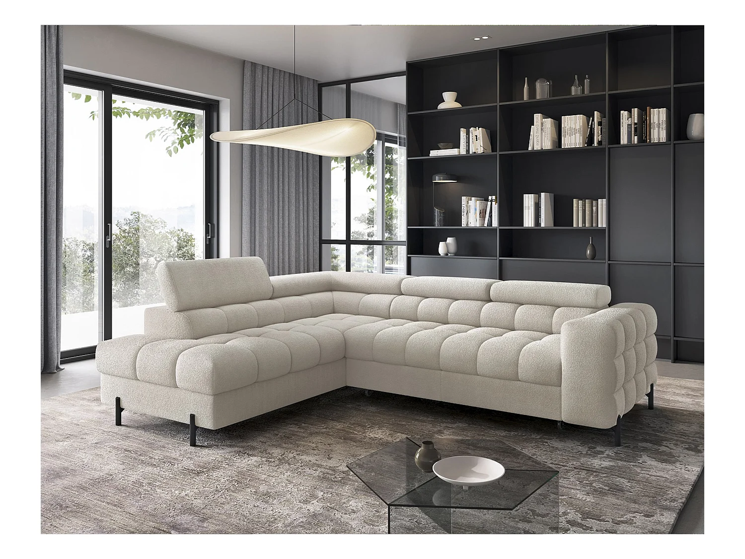 Canapé d’angle velours capitonné Luccino – Convertible et coffre-Couleur Beige clair-angle gauche