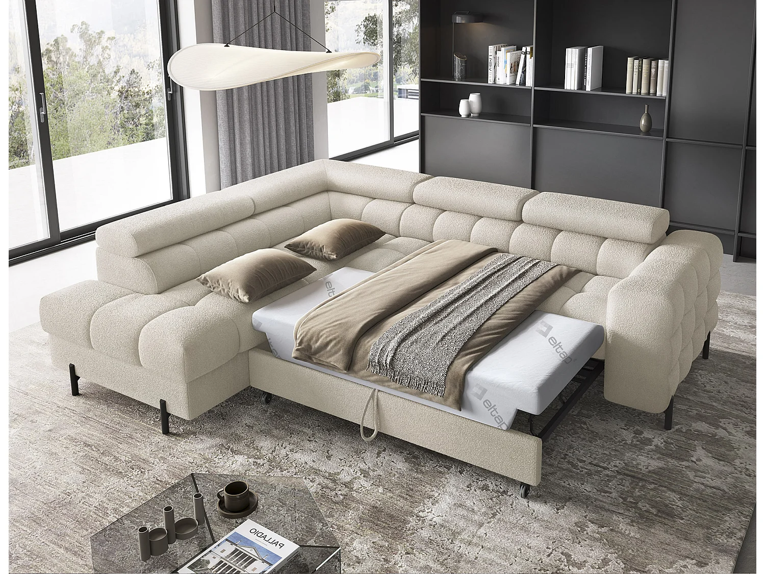 Canapé d’angle velours capitonné Luccino – Convertible et coffre-Couleur Beige clair-angle gauche