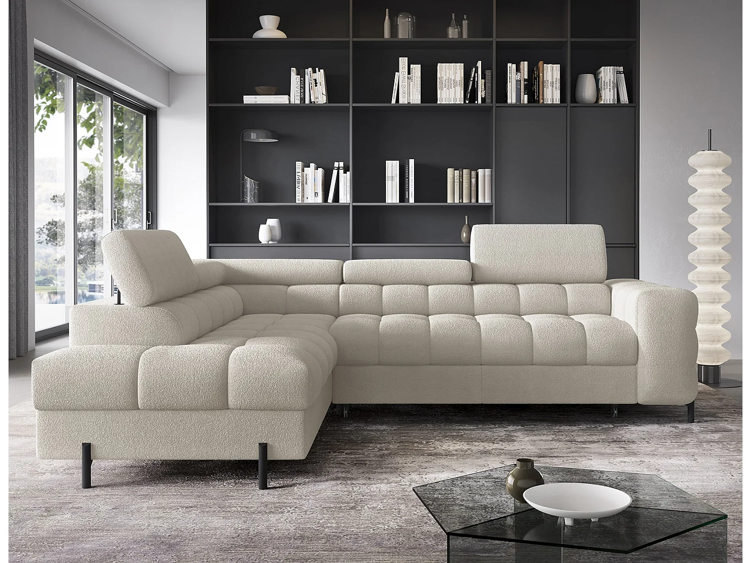 Canapé d’angle velours capitonné Luccino – Convertible et coffre-Couleur Beige clair-angle gauche