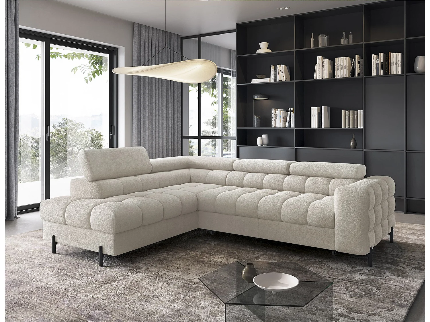 Canapé d’angle velours capitonné Luccino – Convertible et coffre-Couleur Beige clair-angle gauche