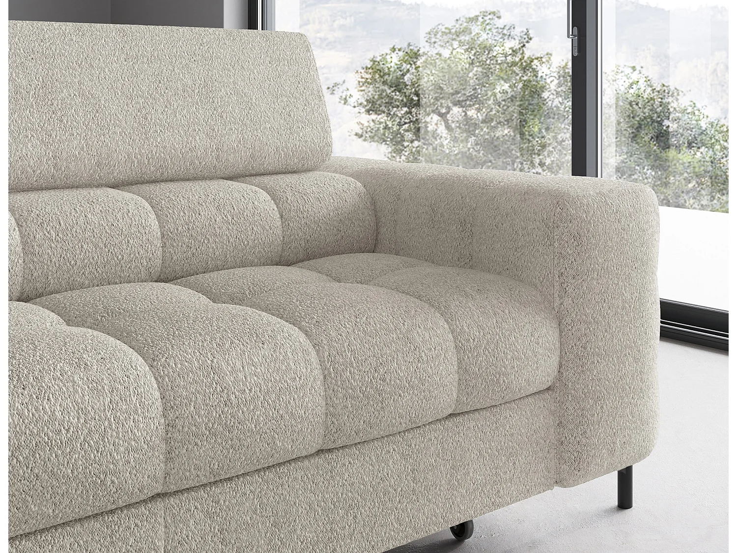 Canapé d’angle velours capitonné Luccino – Convertible et coffre-Couleur Beige clair-angle gauche