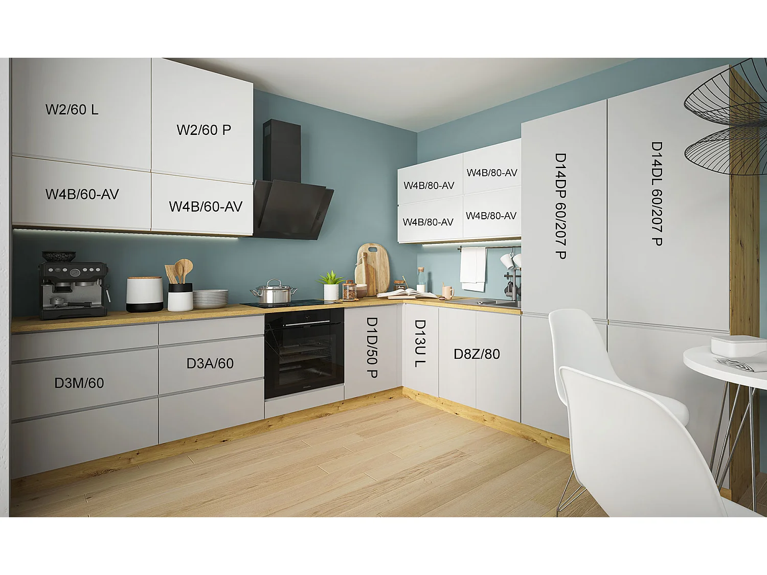 WINKELKÜCHE Avellino eiche artisan / Acryl weiß - Acryl grau matt 16-teilig