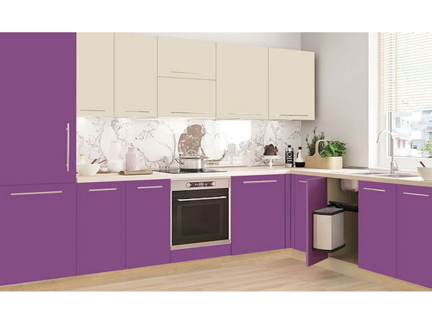 WINKELKÜCHE Brerra Artisan Eiche / signalviolett - perlweiß semi matt 12-teilig