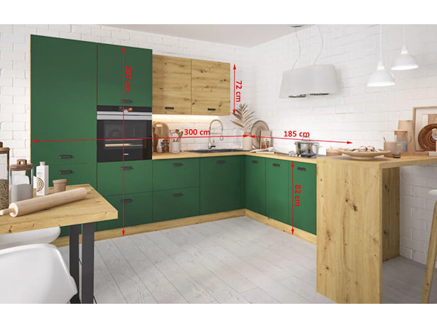 WINKELKÜCHE Silver eiche artisan / eiche artisan - kieferngrün 8-teilig