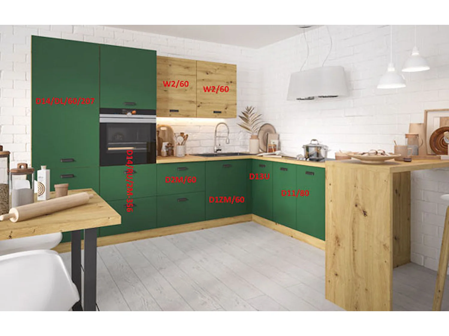 WINKELKÜCHE Silver eiche artisan / eiche artisan - kieferngrün 8-teilig