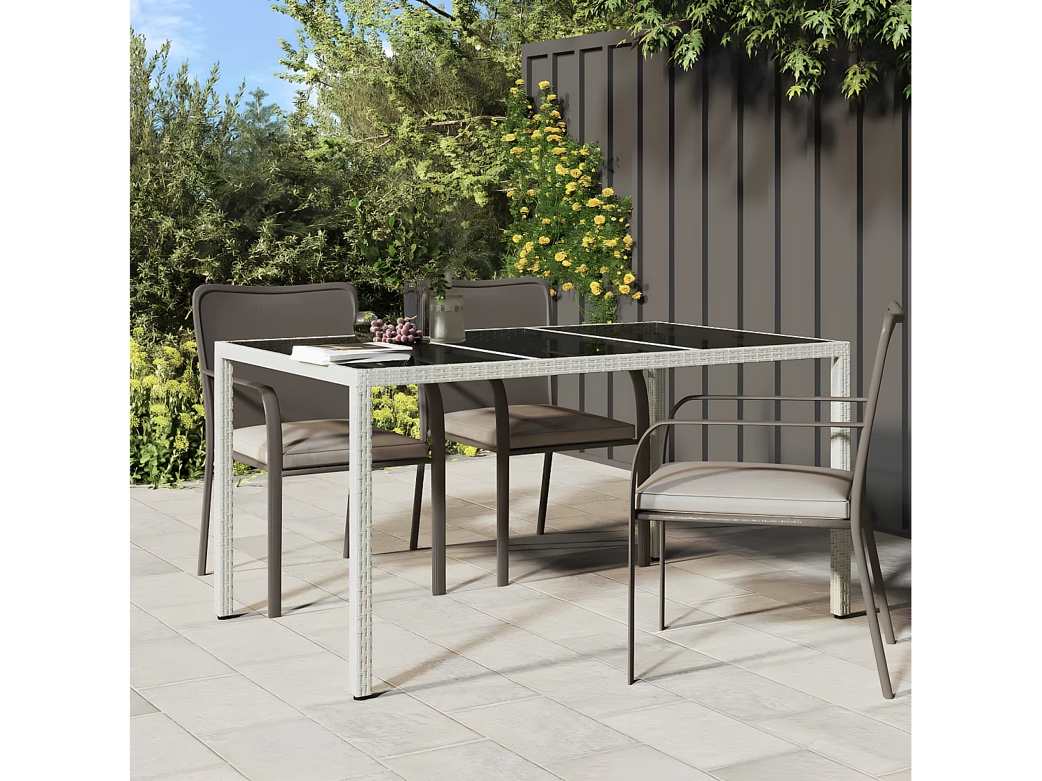 Harko  Table de jardin 150x90x75 cm Verre trempé/résine tressée Blanc