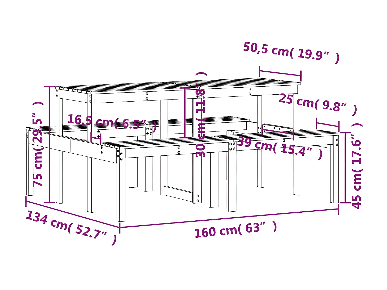 Horrin  Table de pique-nique 160x134x75 cm bois massif de pin