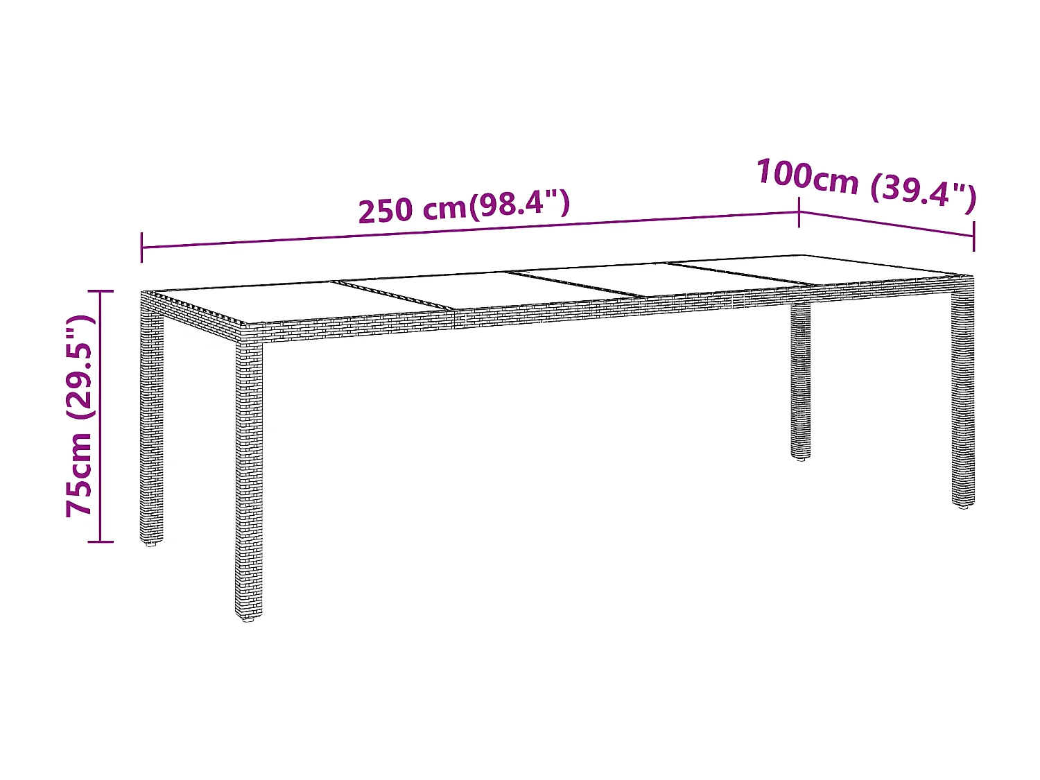 Gennevilliers  Table de jardin 250x100x75 cm Verre trempé et Résine tressée