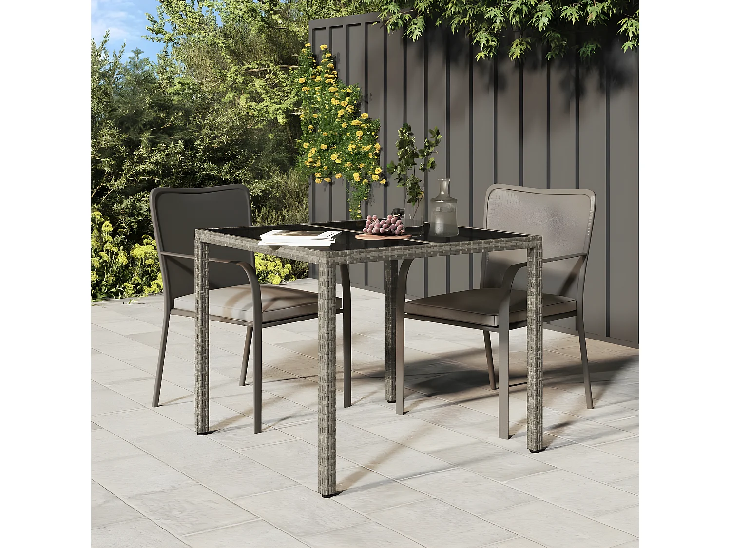Harko  Table de jardin 90x90x75 cm Verre trempé et résine tressée Gris