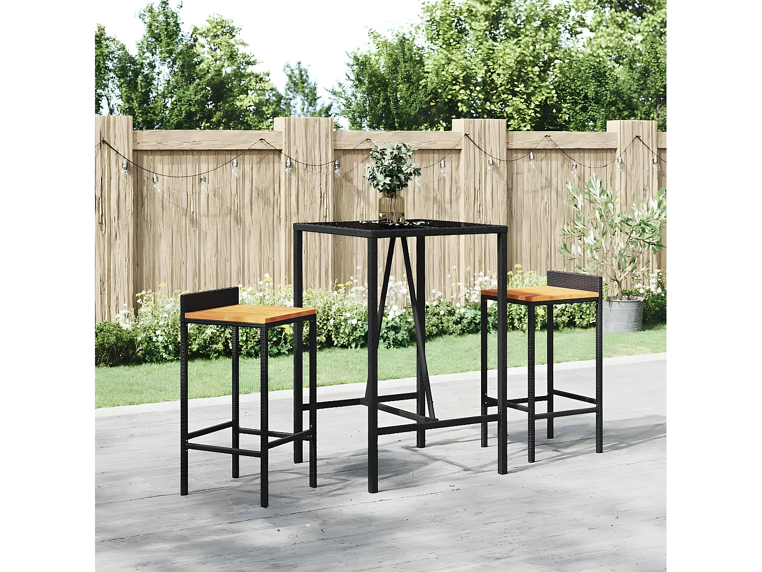 Village Green-Green Ridge  Table de bar et dessus en verre noir 70x70x110 cm poly rotin