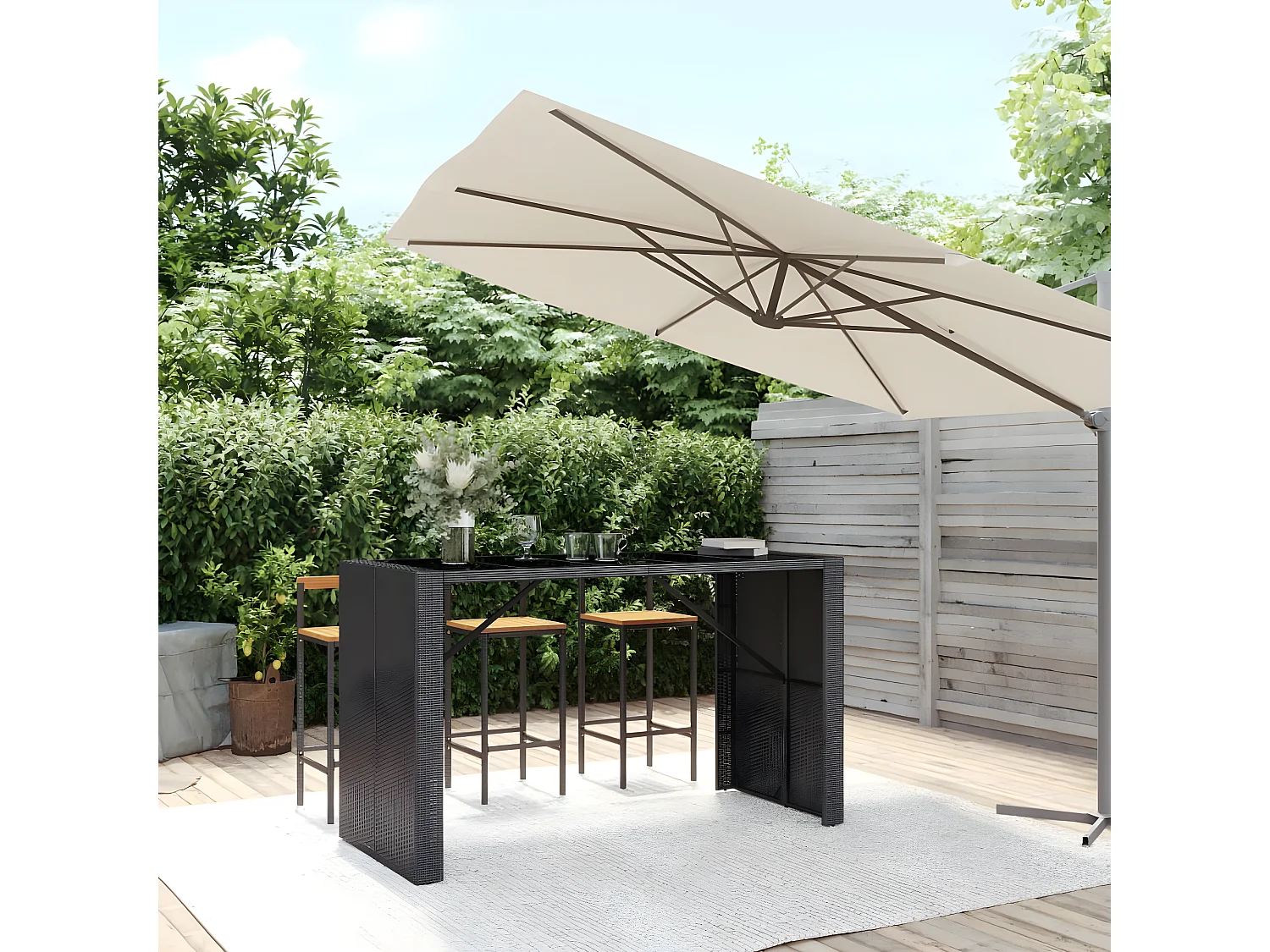 Lou  Tavolo da Bar con Piano in Vetro Nero 185x80x110 cm Polyrattan