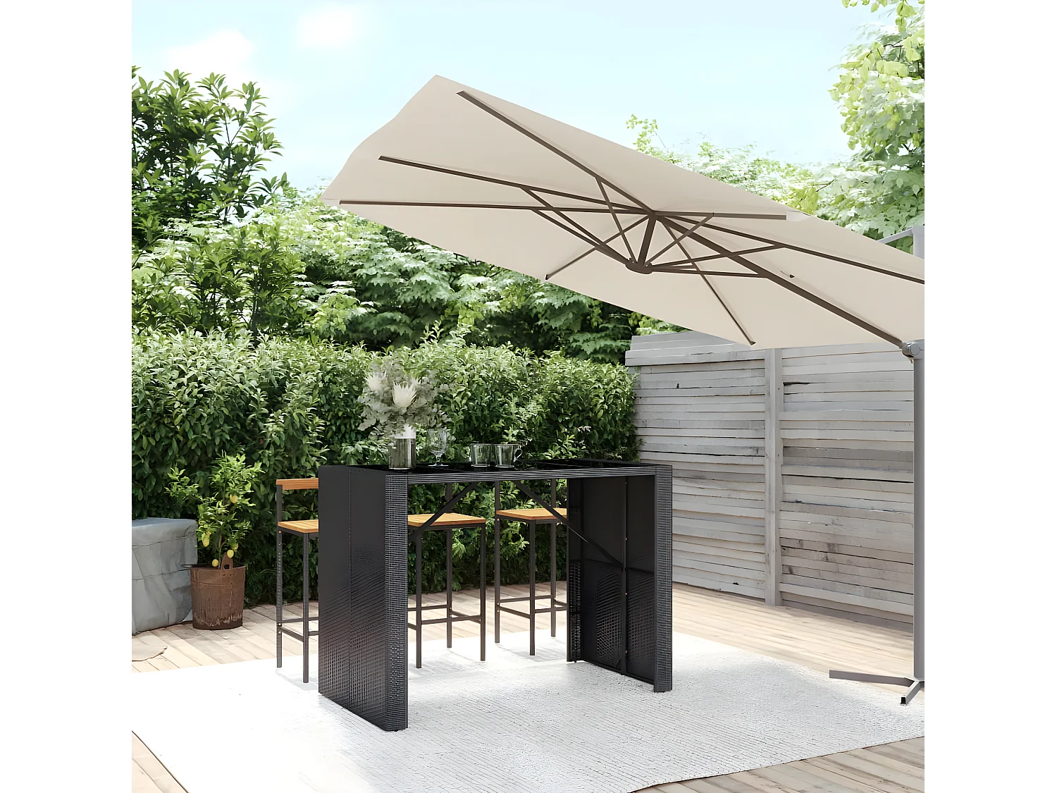 Lou  Bartafel met glazen blad 145x80x110 cm poly rattan zwart