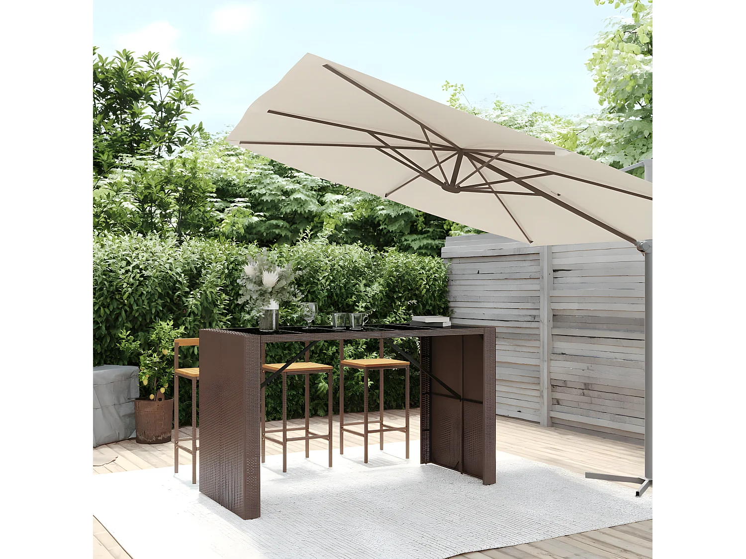 Lou  Bartafel met glazen blad 185x80x110 cm poly rattan bruin