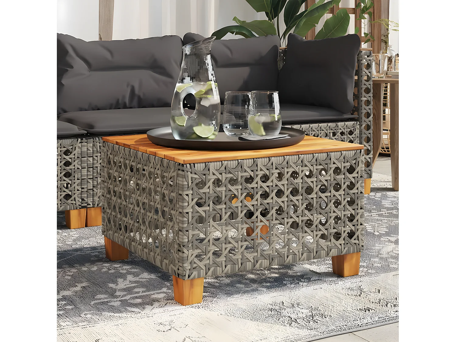 Cirlon  Mesa de jardín ratán sintético madera acacia gris 55x55x36 cm