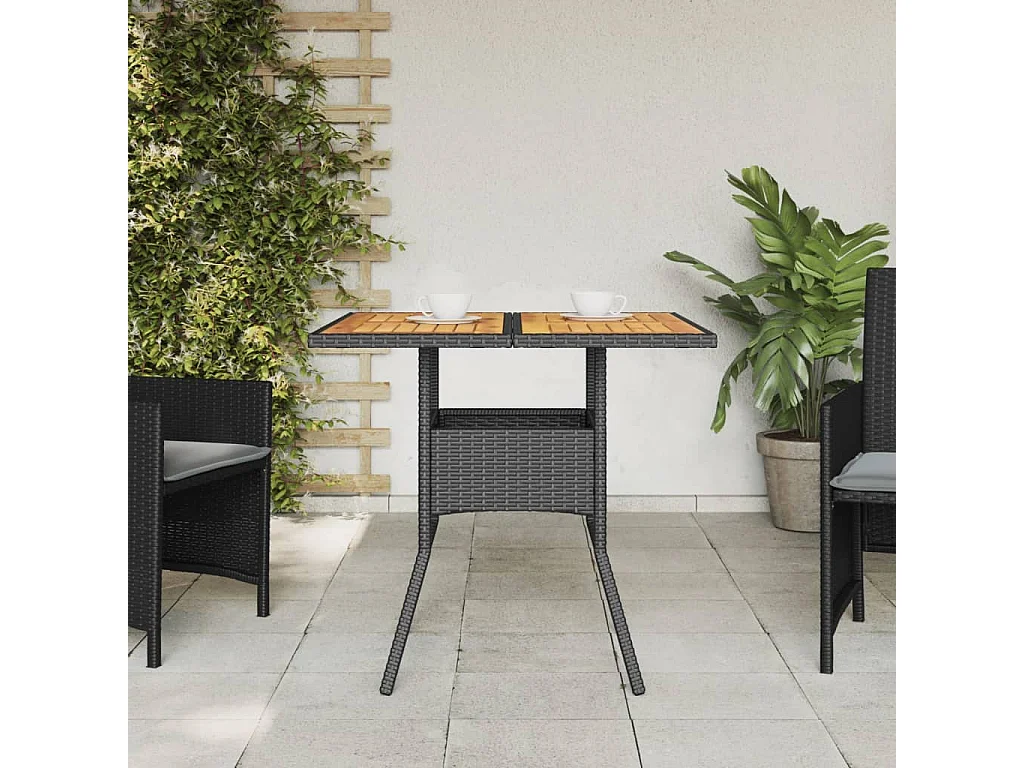 Leila Hope  Gartentisch mit Holzplatte Schwarz 80x80x75 cm Poly Rattan