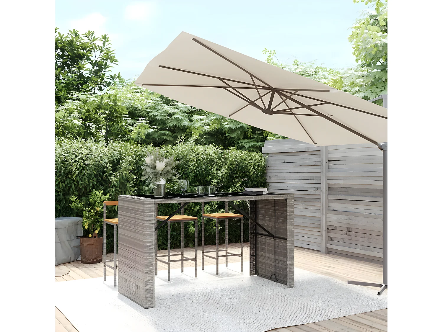 Lou  Table de bar et dessus en verre gris 185x80x110 cm poly rotin