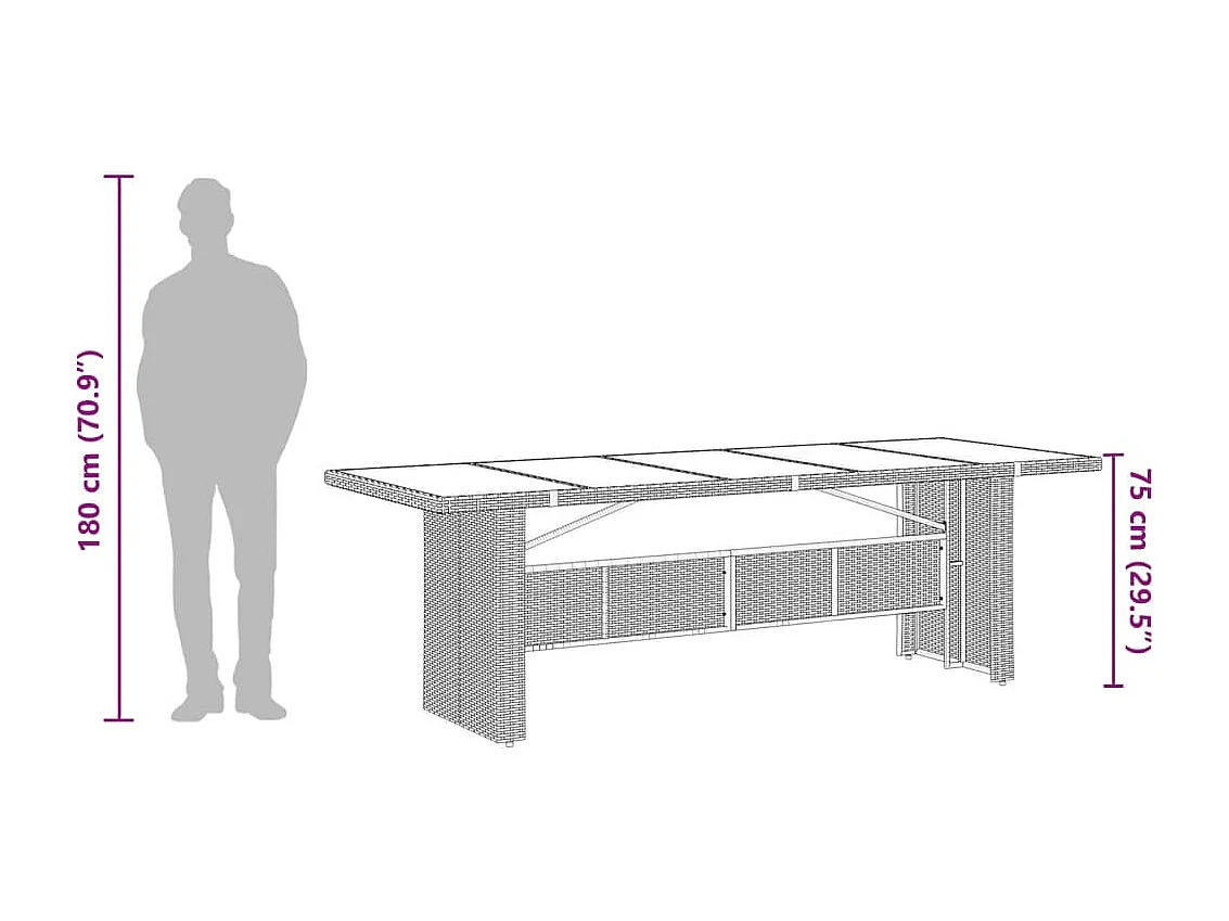 Michiel  Mesa de jardín superficie de vidrio ratán PE negro 240x90x75 cm