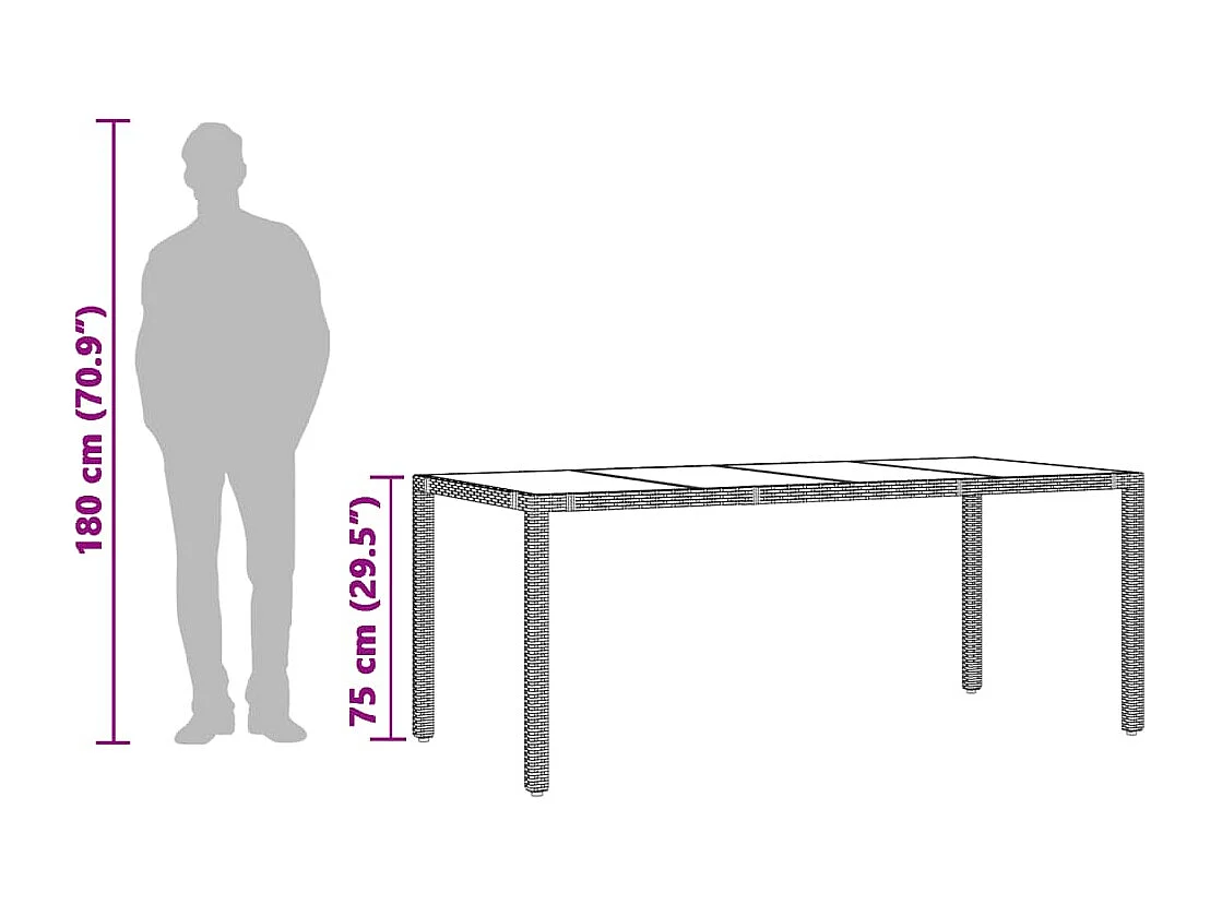 Michiel  Table de jardin dessus en verre Gris 190x90x75cm Résine tressée