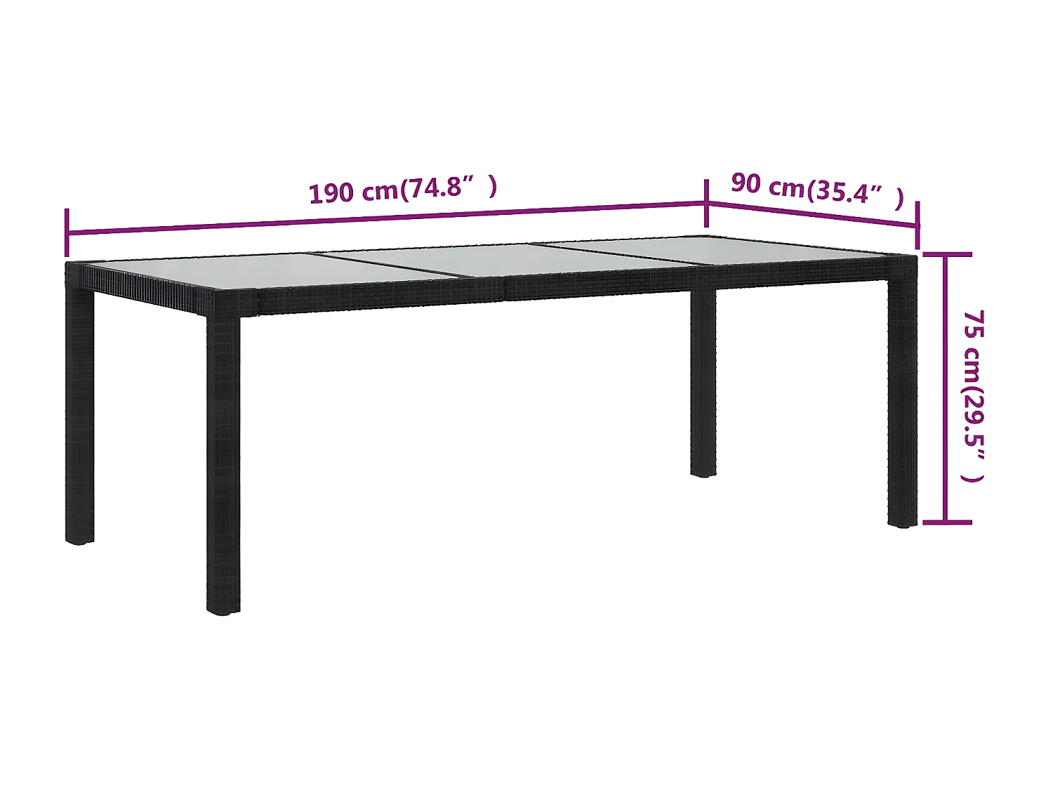 Orson  Gartentisch Schwarz 190x90x75 cm Gehärtetes Glas Poly Rattan