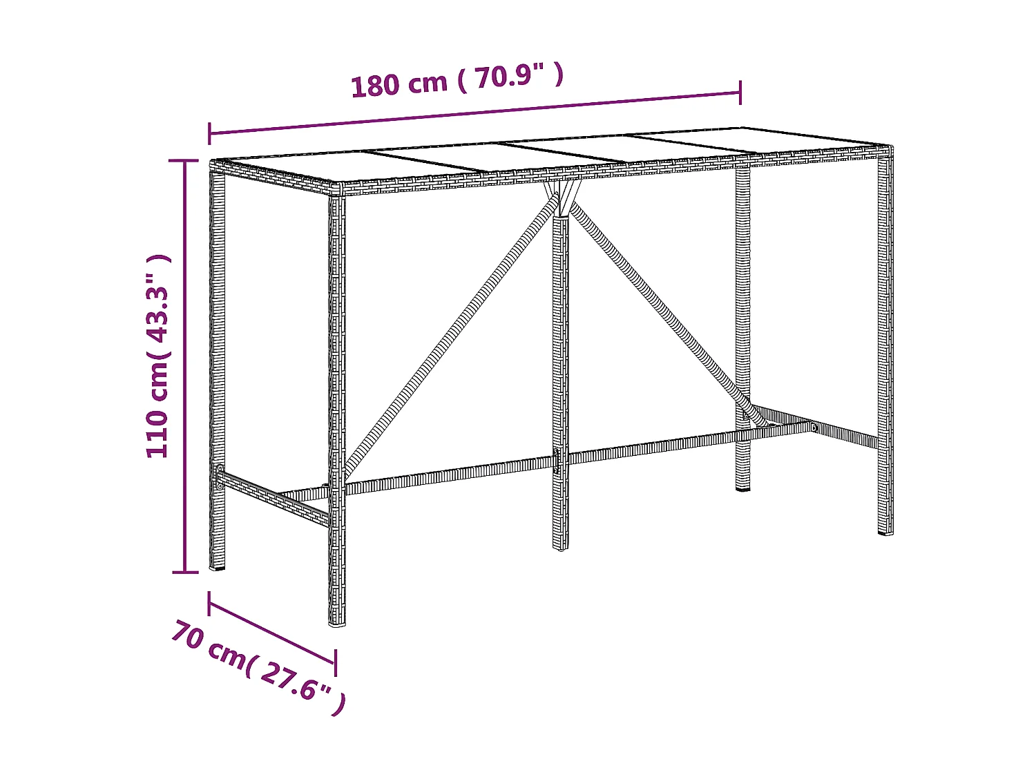 Village Green-Green Ridge  Bartisch mit Glasplatte Grau 180x70x110 cm Poly Rattan