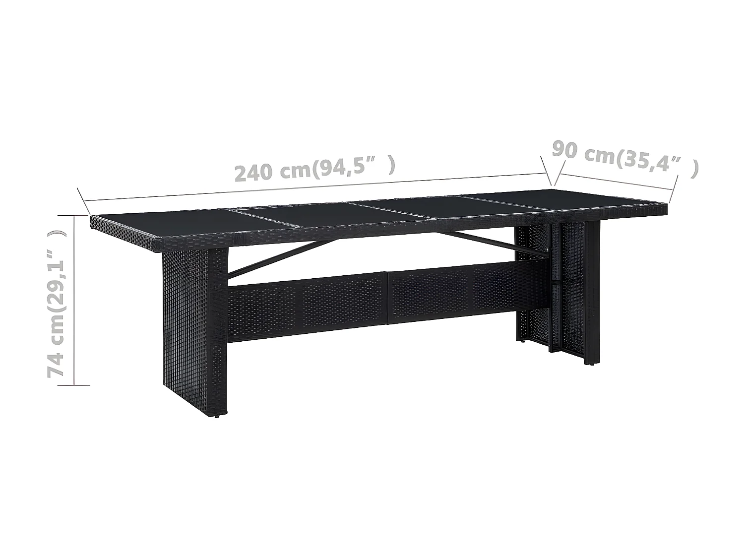 Gryfna  Gartentisch Schwarz 240x90x74 cm Poly-Rattan und Glas